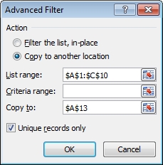 Advanced filter - copy to another location